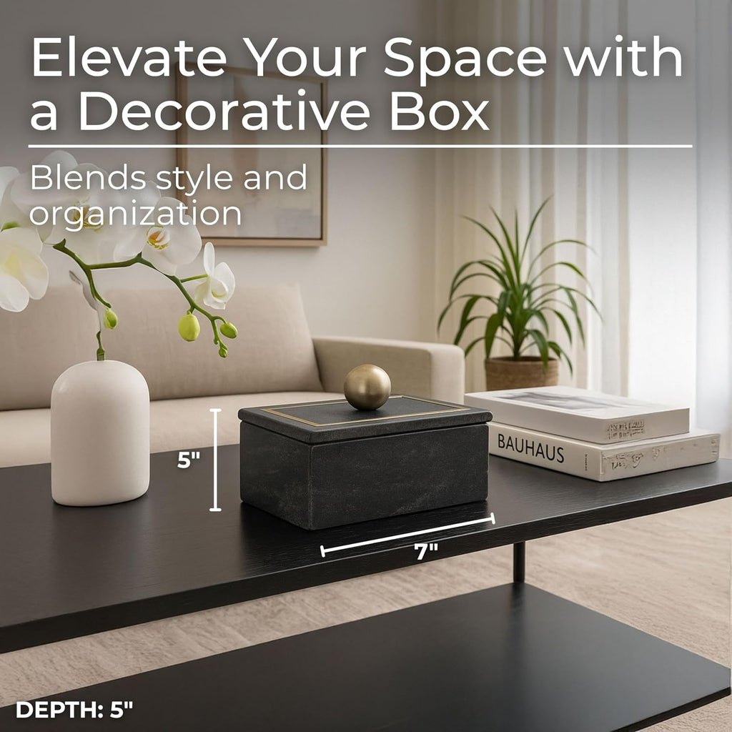 Decorative Rectangular Box with Knob - Marble & Metal Modern Decorative Box Decor - Jewelry, Keepsakes, Accent Table