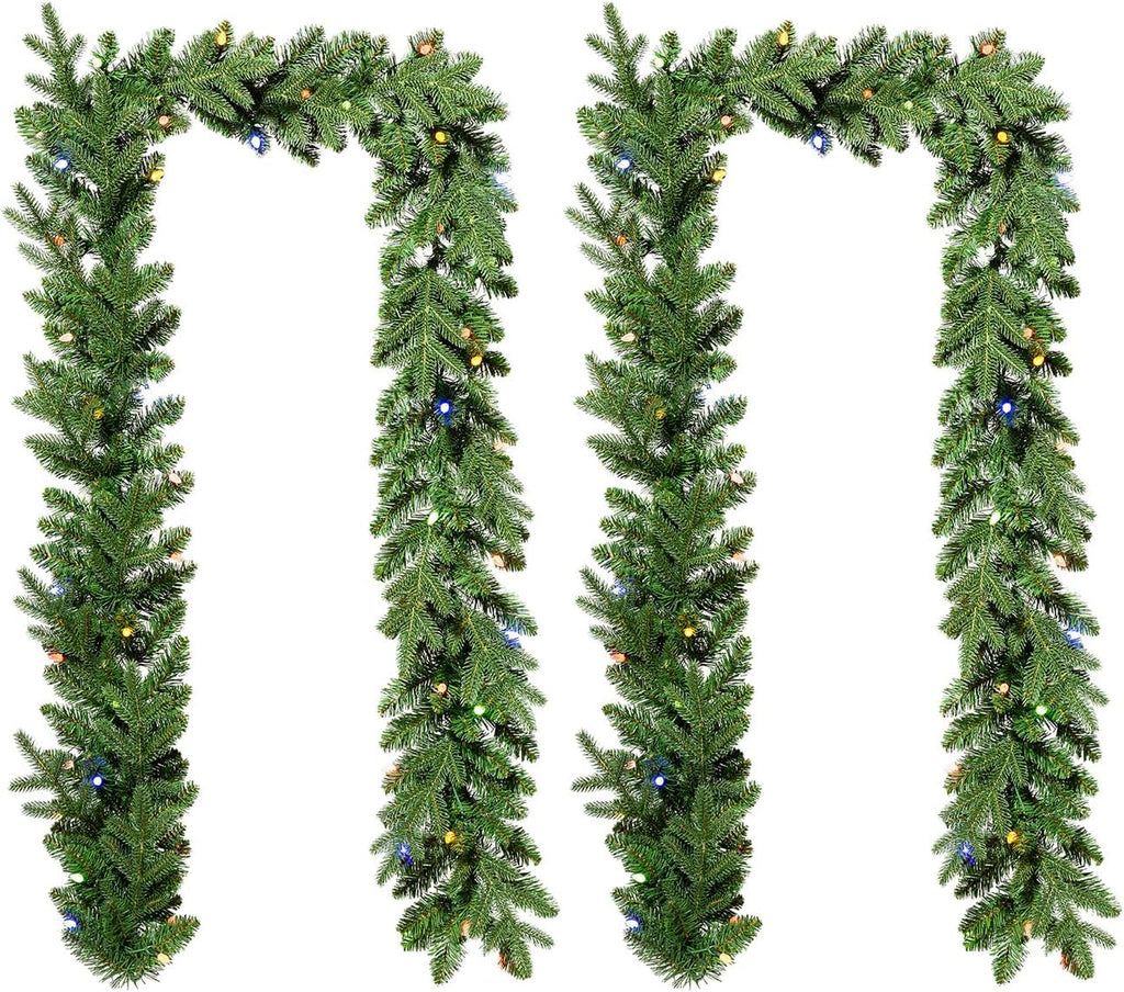 Christmas Garlands with Lights, Set of 2 9ft Pre-Lit Garlands with 50 C4 Strawberry LED Lights and Timer for Mantle