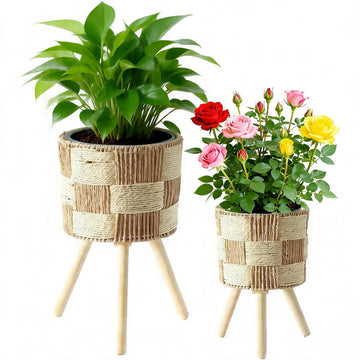 Boho Rattan Plant Stand Set of 2 - Handwoven Wicker Mid-Century Modern Floor Planter Stand for Indoor Plants, Large