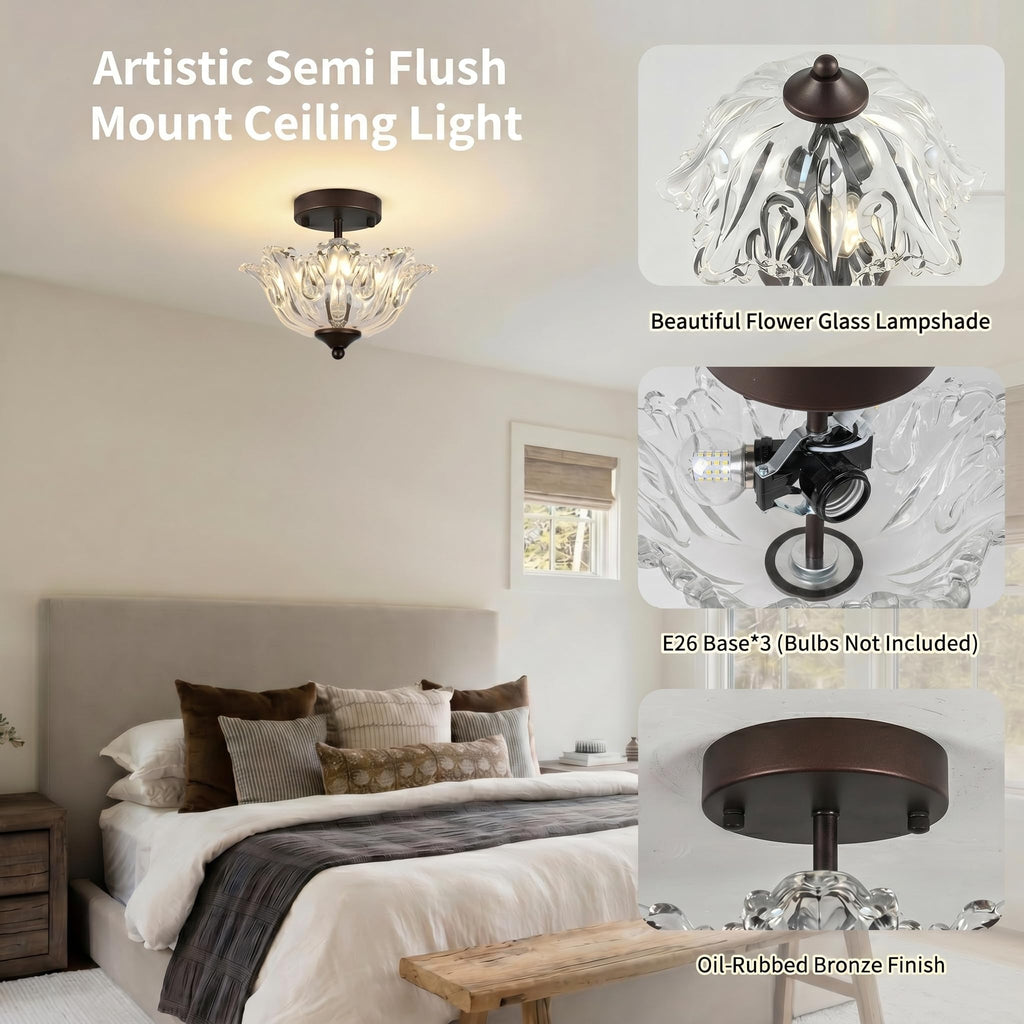 Semi Flush Mount Ceiling Light, Oil Rubbed Bronze Vintage Light fixtures with Floral Clear Glass Shade, Modern