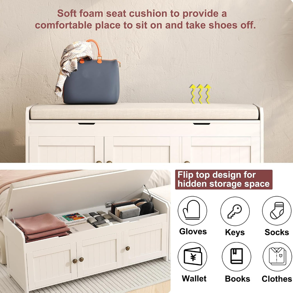 41.3" Shoe Bench with Lift Top Storage, Entryway Bench with Cushioned Seat, Wooden End of Bed Bench, Shoe Cabinet