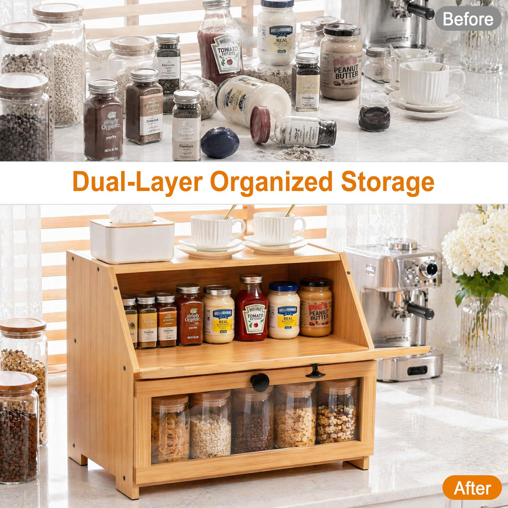 Bamboo Countertop, Large Bread Storage Container Bin 2 Layer Breadbox Holder Counter, Cabinet, Pantry, Cupboard