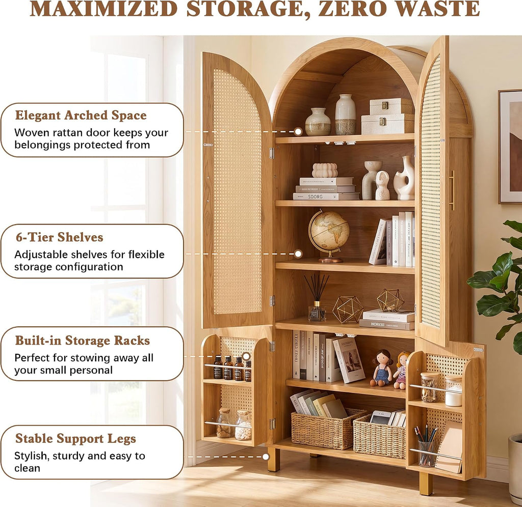 71" Tall Arched Rattan Storage Cabinet with 4 Doors & Adjustable Shelves, Farmhouse Freestanding Cupboard with