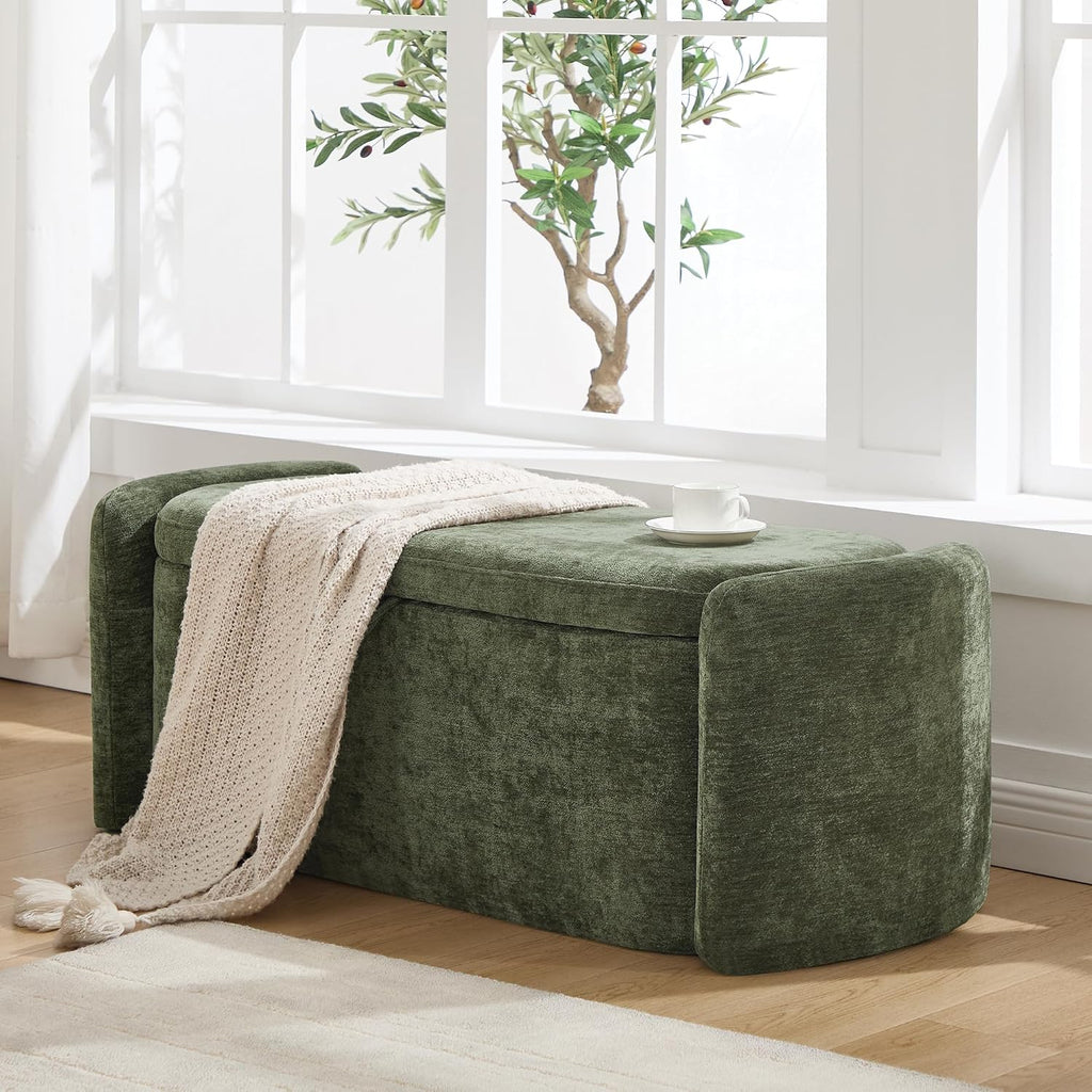 Oval Ottoman Bench with 20 Gal of Storage Space Upholstered Chenille Seat End of Bed Storage Bench Storage Ottoman