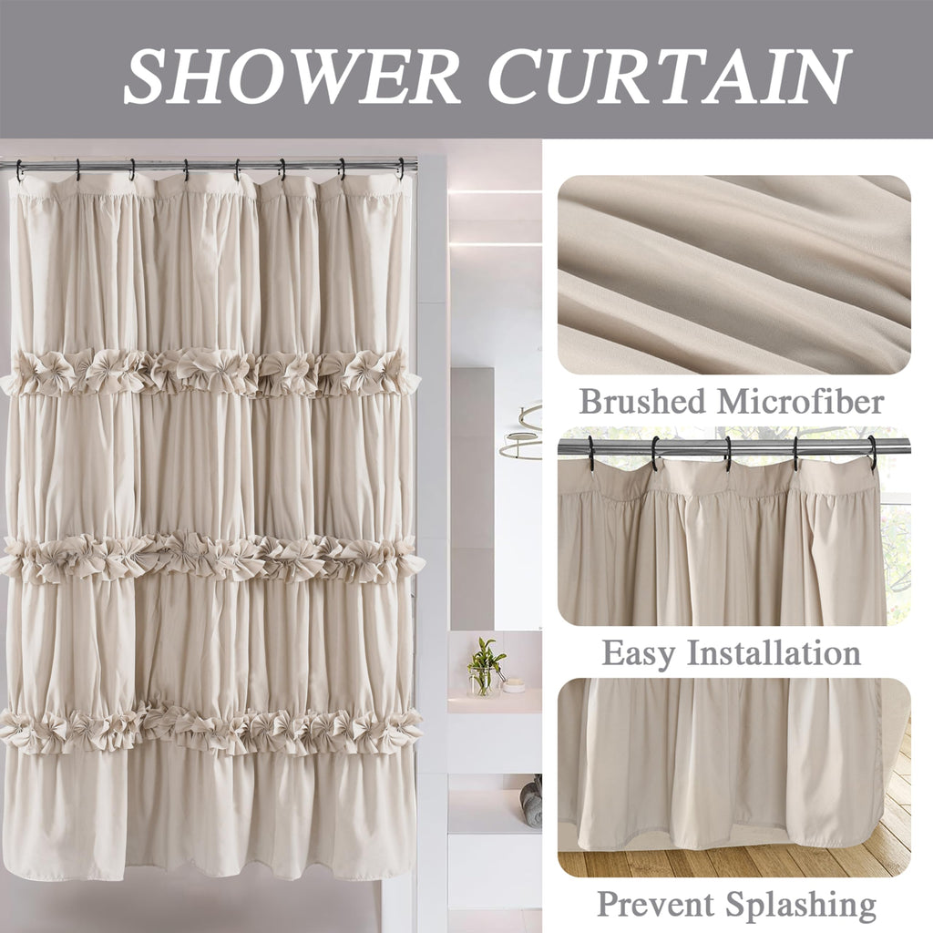Camel Ruffle Stall Shower Curtain, Vintage Handcrafted Bow Tie Bath Curtain for Master Bathroom, Ruched Microfiber