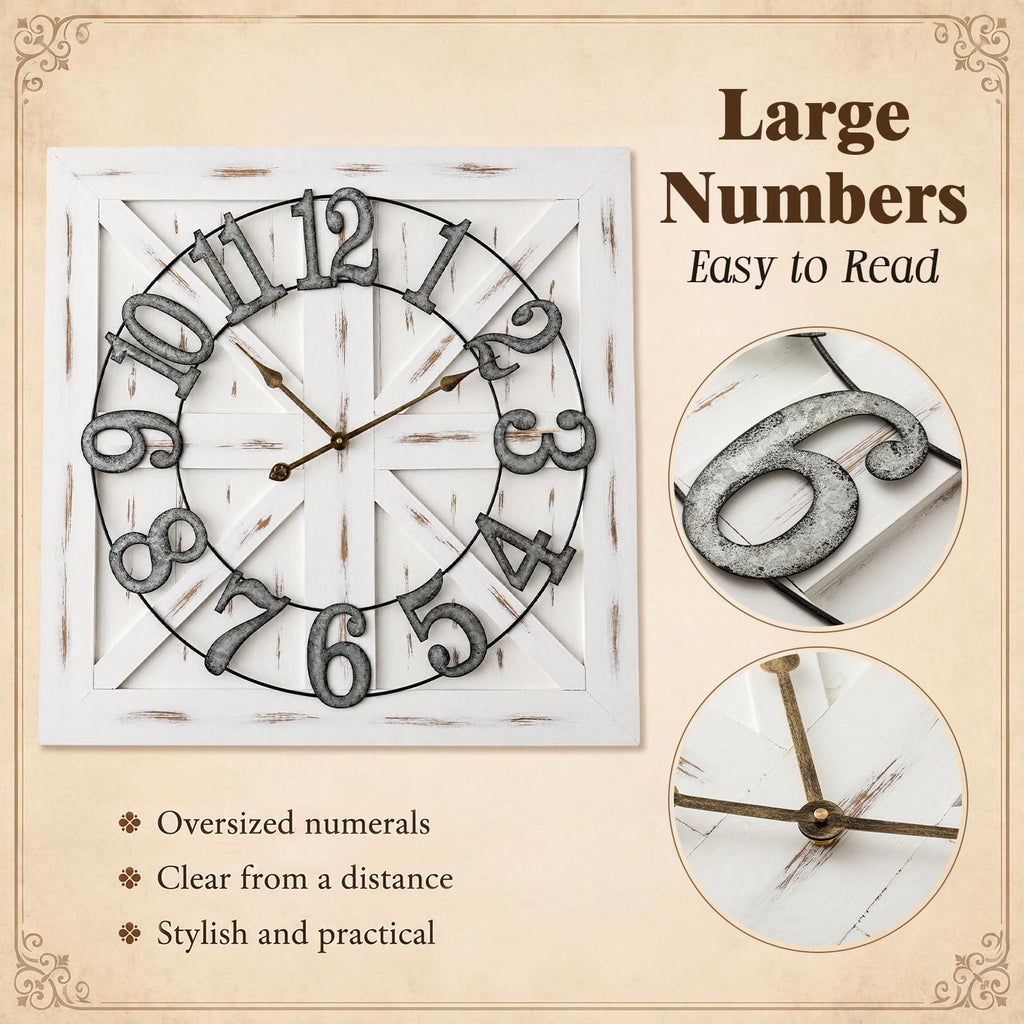 30 Inch Square Farmhouse Wall Clock, Silent Non Ticking Rustic Wooden Clock with Galvanized Numbers, White Vintage