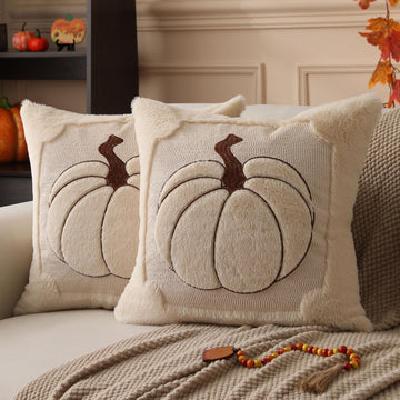 Fall Pillow Covers 18x18 2 Pack Beige Pumpkin Home Decor PT010A18 - Set of 2