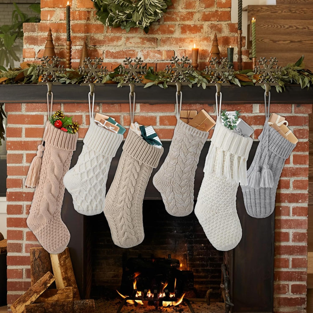 Vintage Knit Christmas Stockings - White Beige Apricot Rustic Boho Farmhouse Cable Knitted Holiday Set - Set of 6