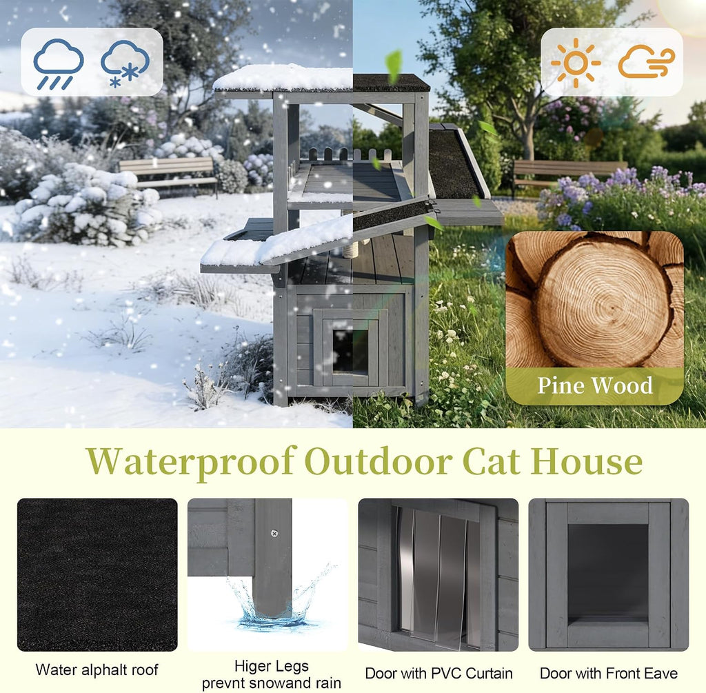 4-Tier Outdoor Cat House, Weatherproof Cat Tree Tower with Roof and 2 Doors