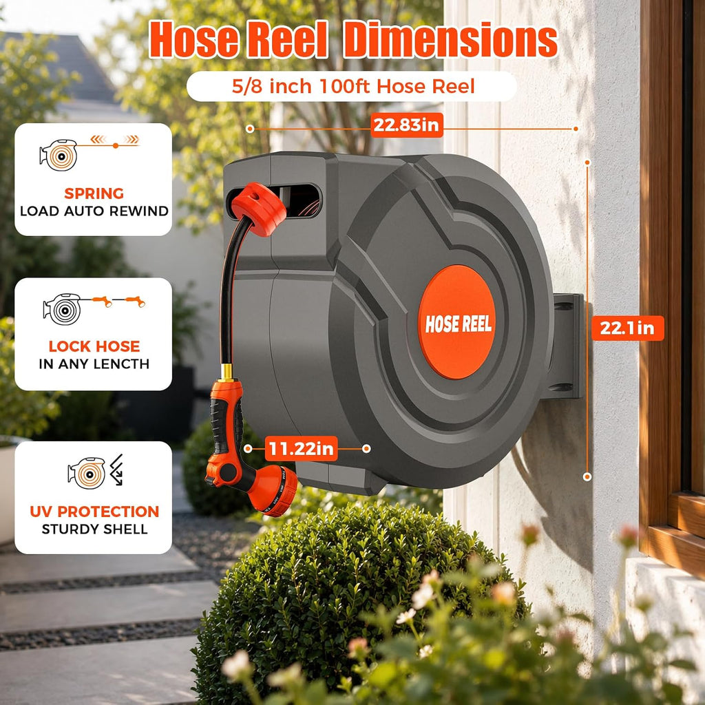 100FT Retractable Garden Hose Reel 5/8 Inch Heavy Duty Wall Mounted Retractable Hose Reel with 9-Pattern Nozzle, 180°
