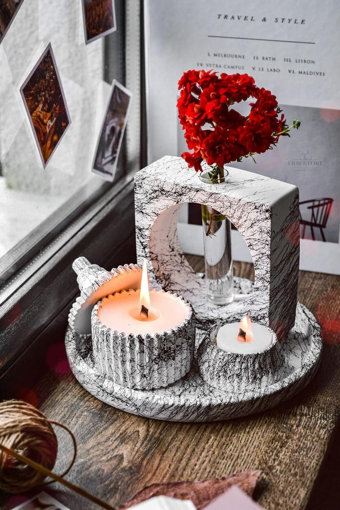 5 Piece Marble Pattern Decorative Concrete Vase & Vanilla Scented Soy Wax Candle Holder Set with Tray - Square Vase