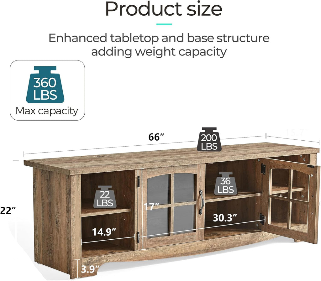 TV Stand for 75 Inch TV, Modern Farmhouse Entertainment Center with Storage Cabinets and Glass Doors, Tall Media