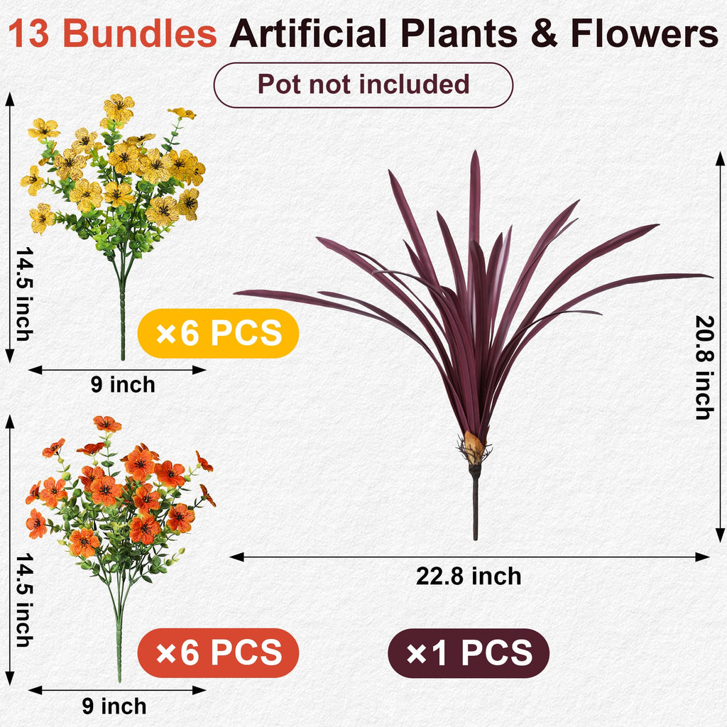 Fall Flowers Artificial Mums for Outdoors Autumn Decor, 12 Bundles Fake Fall Mums with 1 pcs Burgundy Orchid Leaf UV
