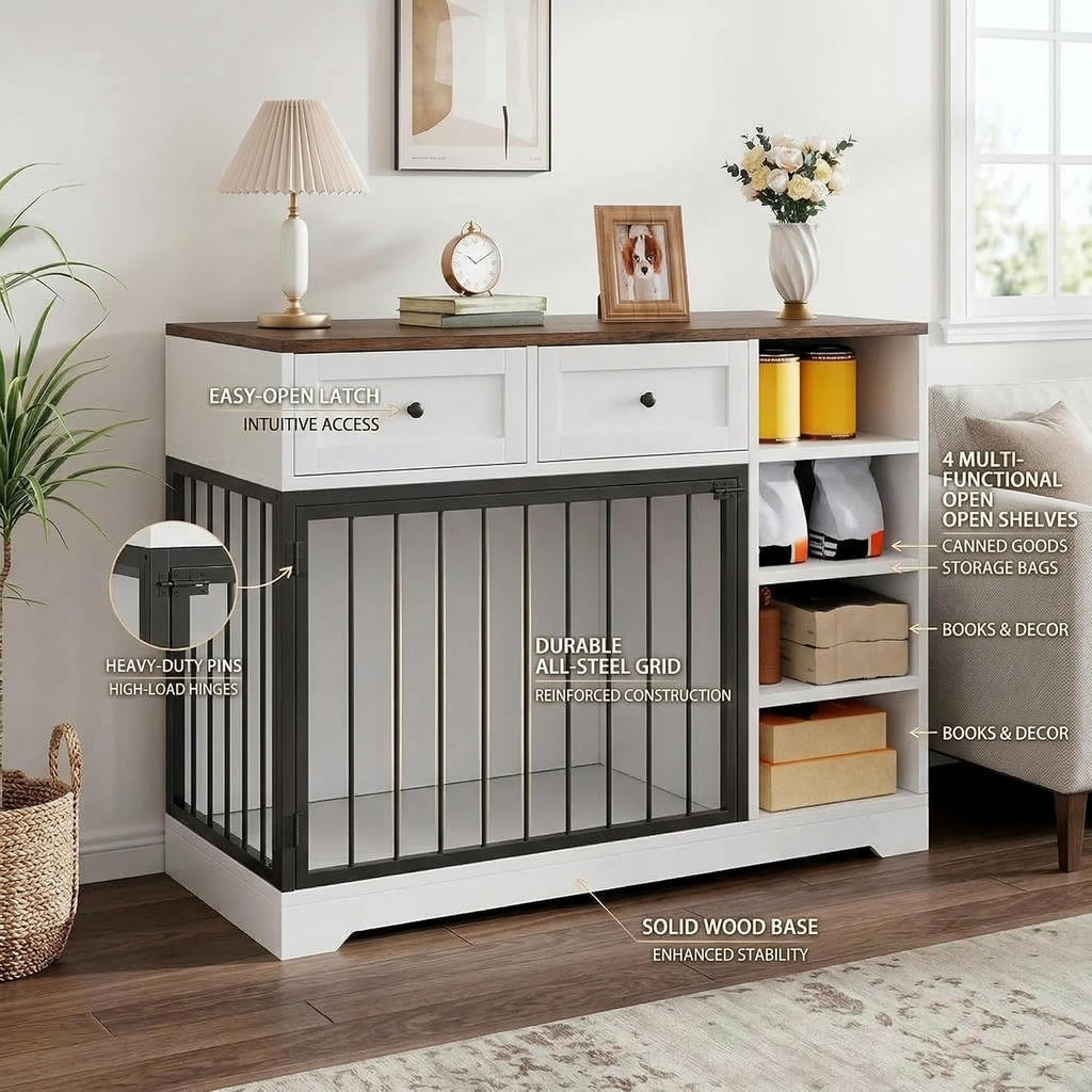 Dog Crate Furniture, Wooden Dog Crate End Table with Storage Drawers, Two-Door Dog Kennel Furniture for Small Dogs