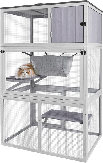 Catio Wooden Outdoor Cat Enclosure with Asphalt Roof, 3 Floors Cat House, Indoor Large Kitten playpen with Hammock &