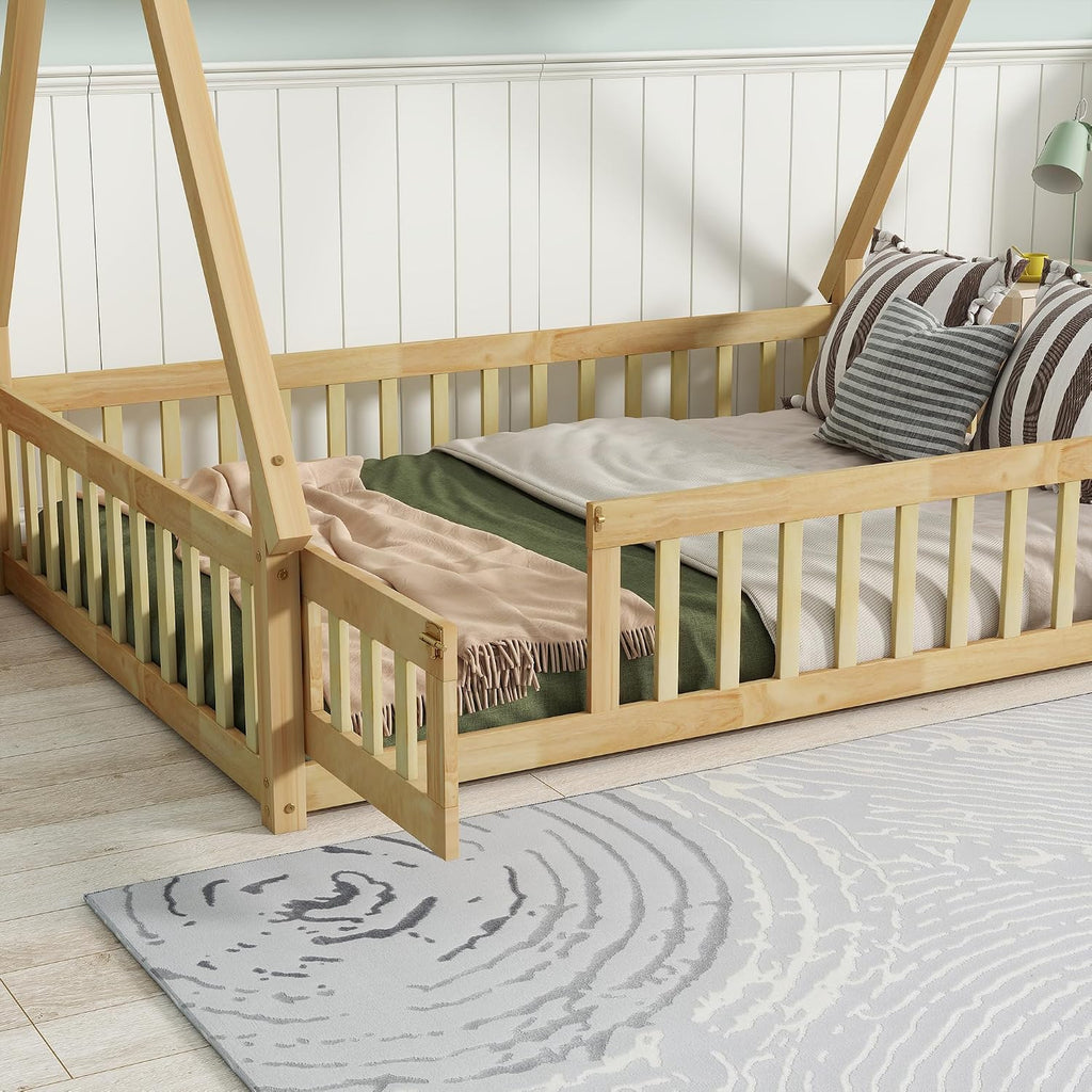 Tent Floor Bed for Kids, Montessori Floor Bed with Door and Guardrails, Teepee Bed for Girls