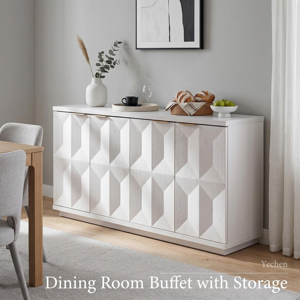 59"W Sideboard Buffet Cabinet with 3D Geometric Doors, White Oak