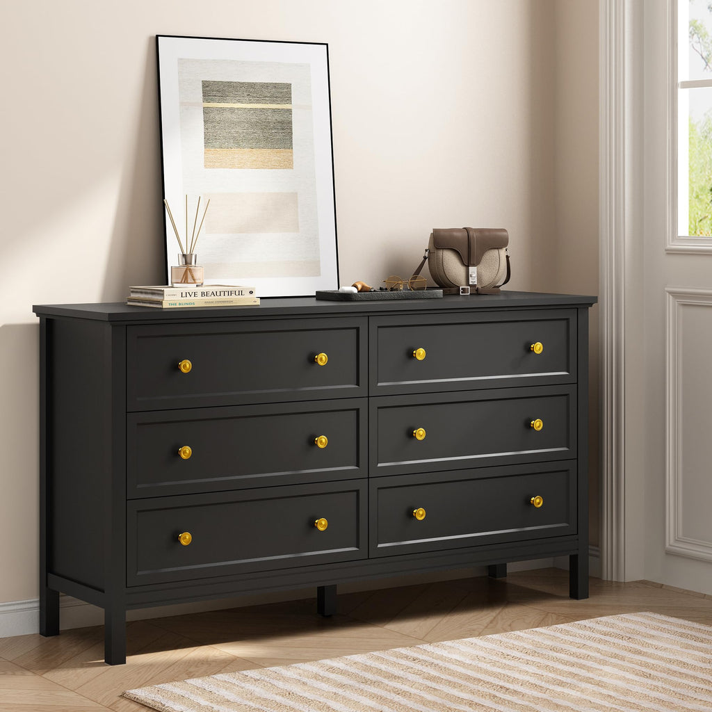 55'' Black Dresser with 6 Drawers, Wood Dressers Elegant Modern Chest of Drawer with Gold Handles Wood Legs, Large