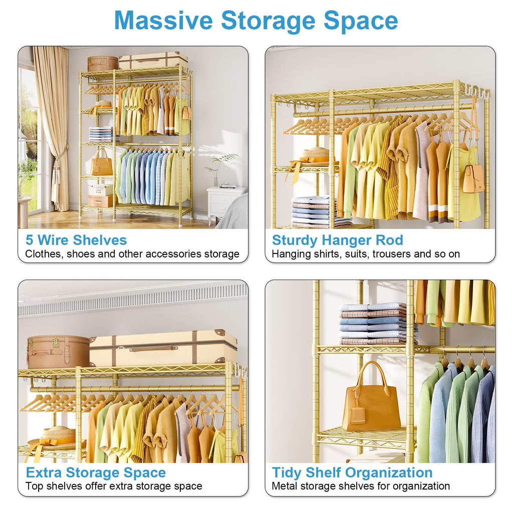 F2 Clothes Rack, 5 Tiers Heavy Duty Garment Rack, Load 692lbs, Gold