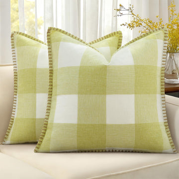 Fall Plaid Linen Throw Pillow Covers 18x18 Set of 2 Sage Green