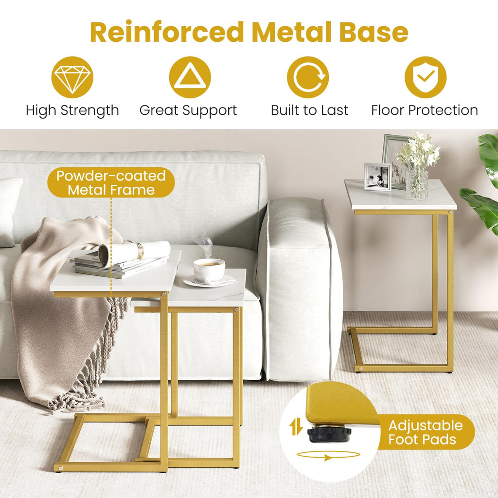 Nesting Coffee Tables Set of 3, Rectangular Nesting Center with Faux Marble Top & Metal Frame, Modern C-Shaped Nested