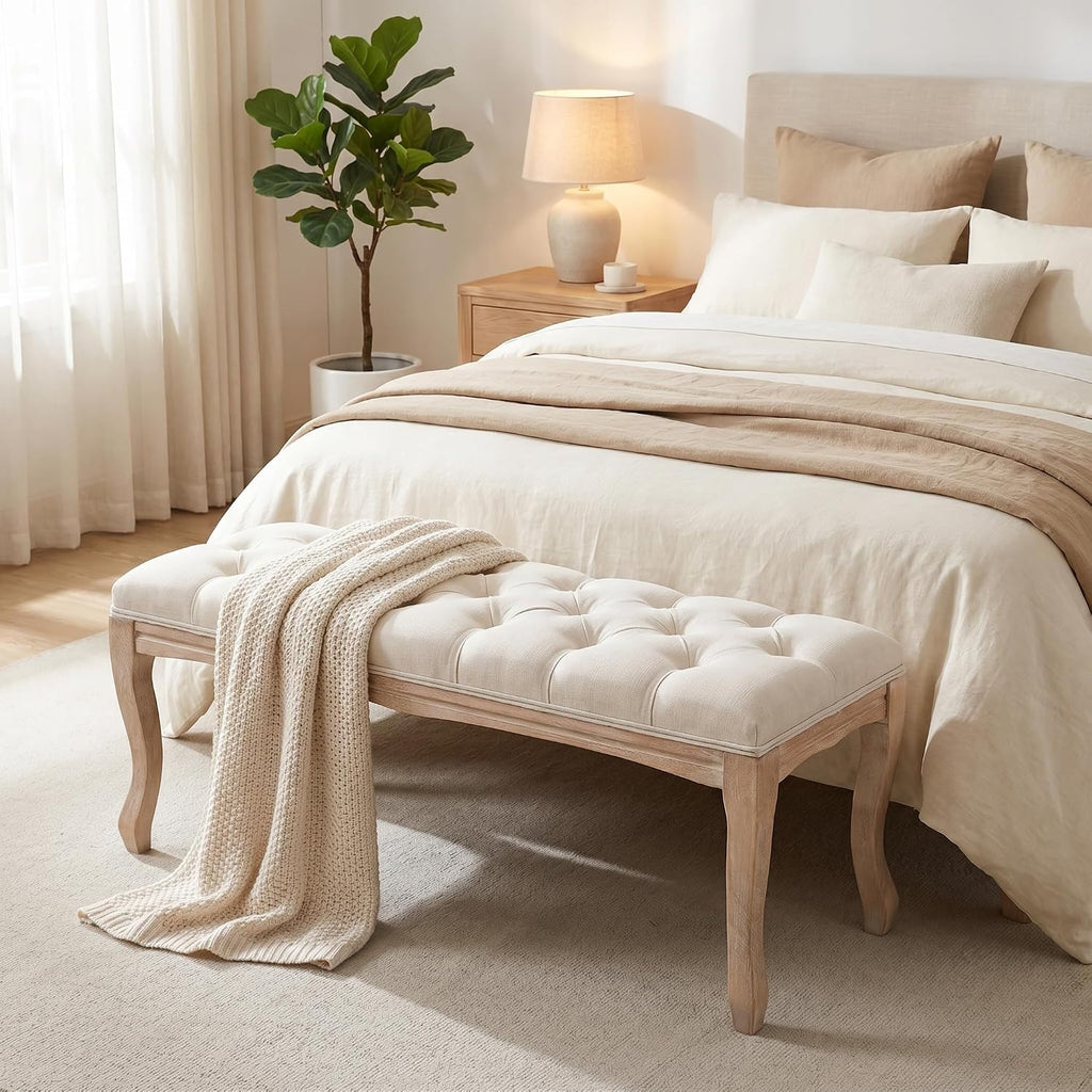 French Vintage Tufted End of Bed Bench, Linen Upholstered | 43.4"L × 15.02"W × 19"H, 330 lbs, Rubberwood legs