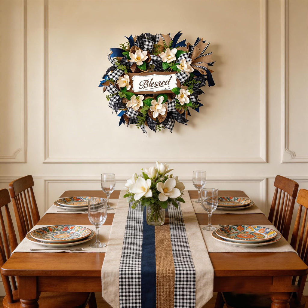 22 Inch Spring Wreath Blessed Magnolia Wreath with Buffalo Check and Burlap Ribbon - Farmhouse Front Door Wreaths