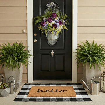 2-Piece Layered Front Doormat Set, Fall Decor Hello Natural Coco Coir Door Mat + 28"x43" Black and White Buffalo