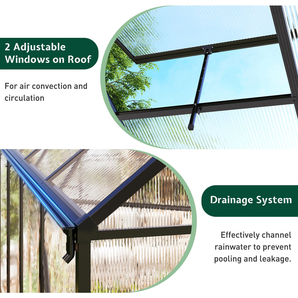 8x10 FT Walk-in Polycarbonate Greenhouse with 2 Top Windows