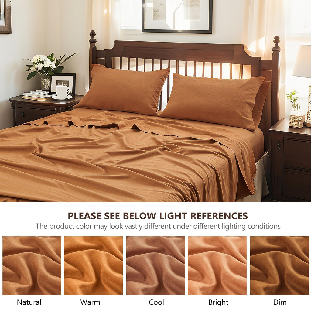 Flax Linen Sheet Set, 4PCS Natural Linen Cotton Bed Sheet with 1 Flat Sheet, 1 Fitted Sheet & 2