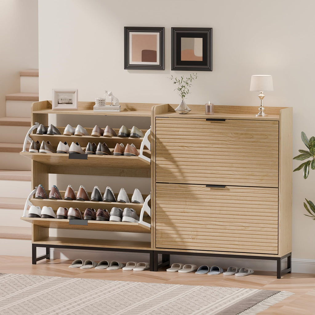 MU Shoe Storage Cabinet with 2 Flip Drawers, Freestanding Fluted Shoe Cabinet, Narrow Wood Shoe Cabinet, Hidden Shoe