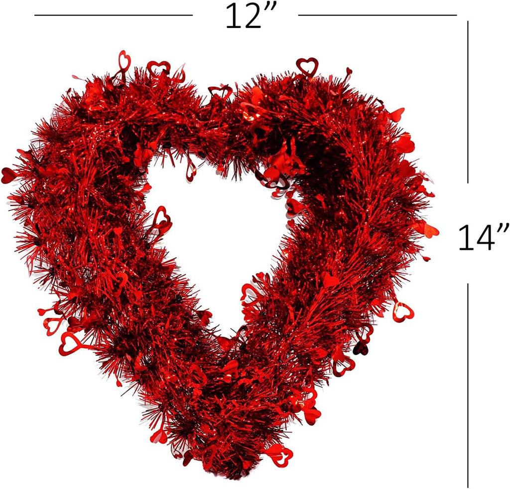 Valentine's Day Wreath for Front Door, Tinsel Heart Shaped Wreath Hanging Wall Decorations - 14 Inches, Valentines