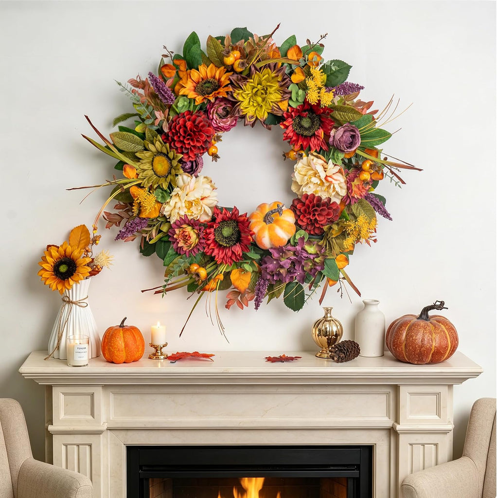 24 Inch Fall Wreaths for Front Door, Autumn Farmhouse Harvest Wreath