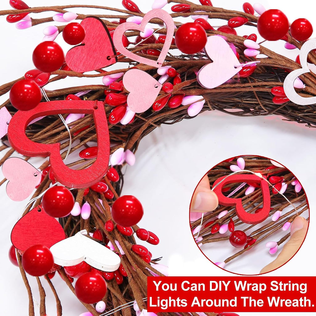 Valentine's Day Wreath Decoration with 20 Red LED Lights Timer Wood Hearts, Battery Operated 16 Inch Valentines Door