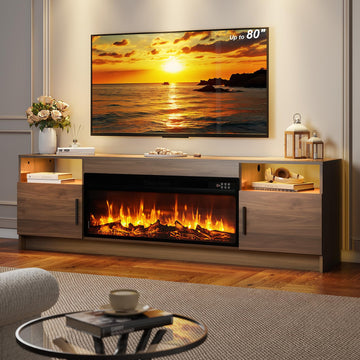 70 inch TV Stand with 36" Electric Fireplace, LED Light Entertainment Center, TV Console with Storage, High Glossy