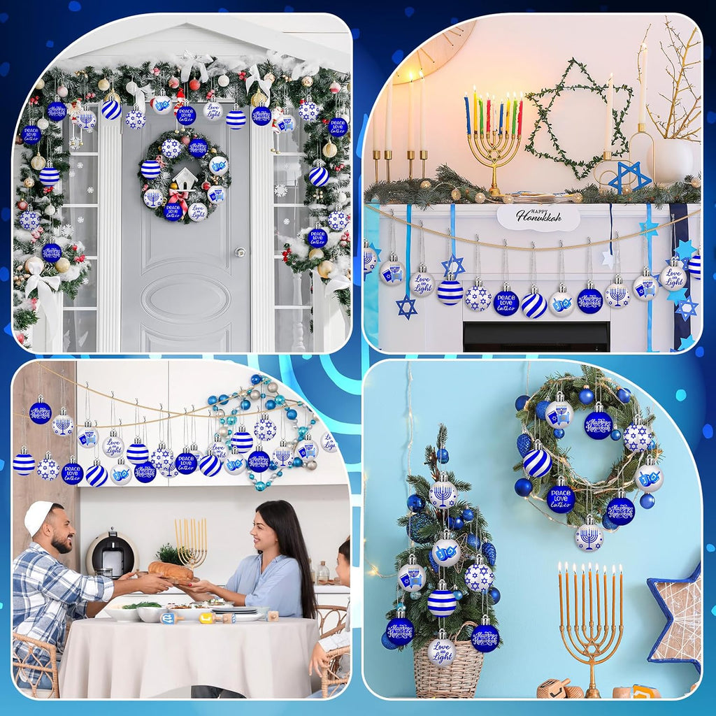 Happy Hanukkah Ornament for Tree Balls Star of David Hanging Ornaments 10 Styles Shatterproof Decorations - Set of 30