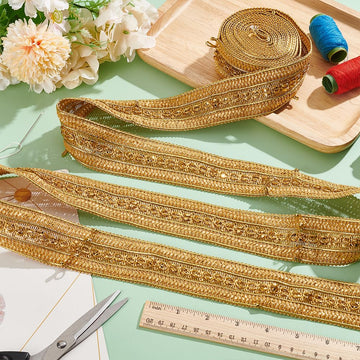 Gold Metallic Jacquard Trim, 1-5/8inch Wide Indian Gimp Braid Emobridered Double Sided with Woven Golden - 5 Yards