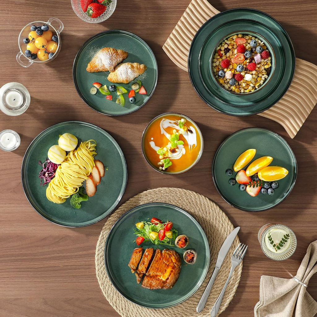 Starry Plates and Bowls Sets for 8, 24 Pieces Green Dinnerware SetsModern Stoneware Dishes Set