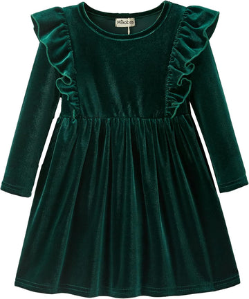 Velour Velvet Dress Long Sleeve Ruffle Party Dress Soft Stretch Fall Dress for Toddler Kids