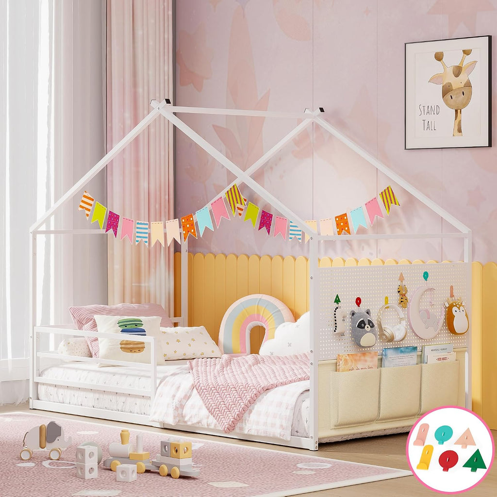 Twin Montessori House Bed for Kids with Storage Caddy and Pegboard, White | Metal Floor bed; storage caddy &