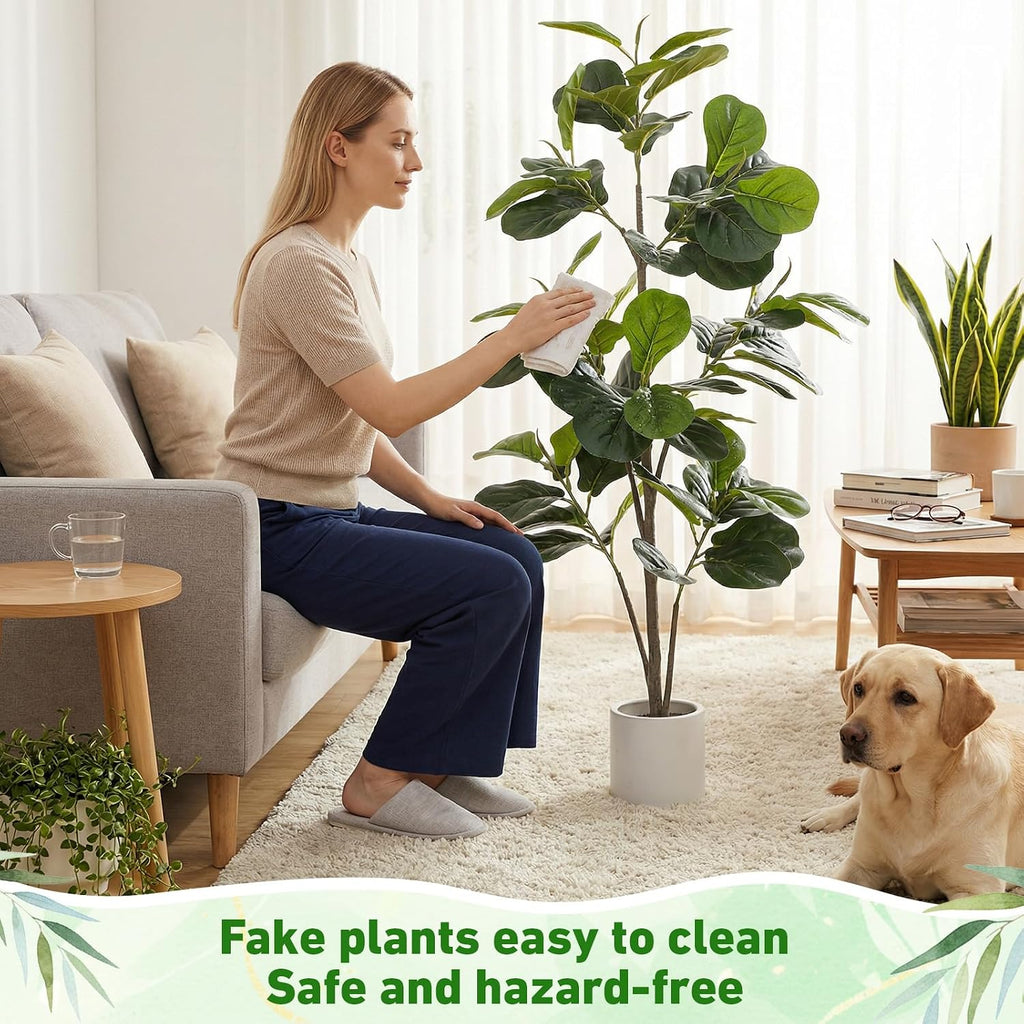 Artificial Fiddle Leaf Fig Tree 5ft Tall Artificial Plants Indoor Fake Ficus Lyrata with White Planter Faux - Set of 2