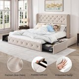 Queen Bed Frame with 4 Storage Drawers and 47.2" Tall Tufted Headboard Linen Upholstered Platform Bed Frame Wingback