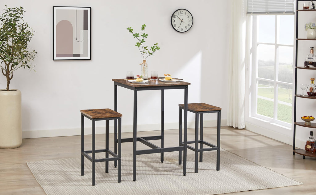 3 PCS Bar Table Set with 2 Stools, Modern Counter Height Table and Chairs Set, Small Spaces (Rustic Brown)