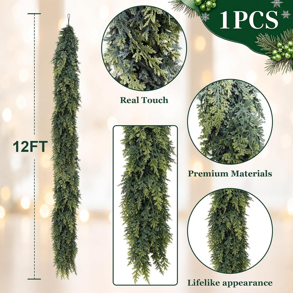 12FT Christmas Cedar Garland, Realistic Artificial Pine Greenery Garland with Flexible Wired Branches, Faux Holiday