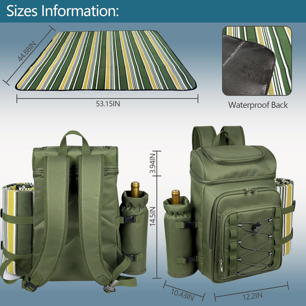 Picnic Basket Backpack for 4 Person with Blanket, Insulated Leakproof Cooler Compartment, Wine Holder, Cutlery Set