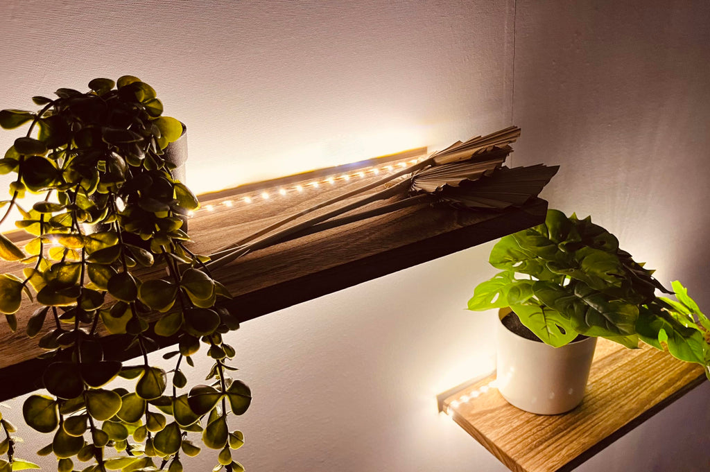 Floating Shelves for Wall Decor Wood Wall Mounted Shelves with LED Lights Set of 2, Sturdy Rustic Wood Shelves