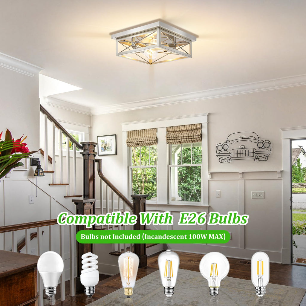 Brushed Nickle Hallway Light Fixtures, 2-Light Modern Farmhouse Flush Mount Ceiling Lights, 2-Pack Chrome Kitchen
