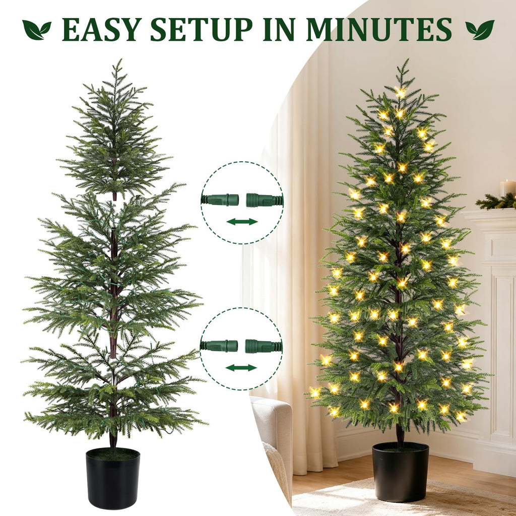 5FT Prelit Norfolk Pine Christmas Tree Real Touch Artificial Cedar Tree with 80LED Lights & 8-Function Plug-in Potted