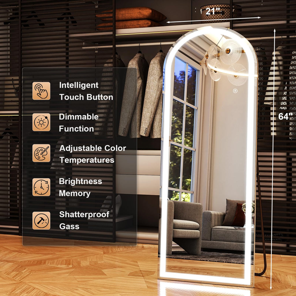 LED White Arched Full Length Mirror - 21" x 64" Adjustable Brightness, Touch Screen Controls, Wall Mounted or
