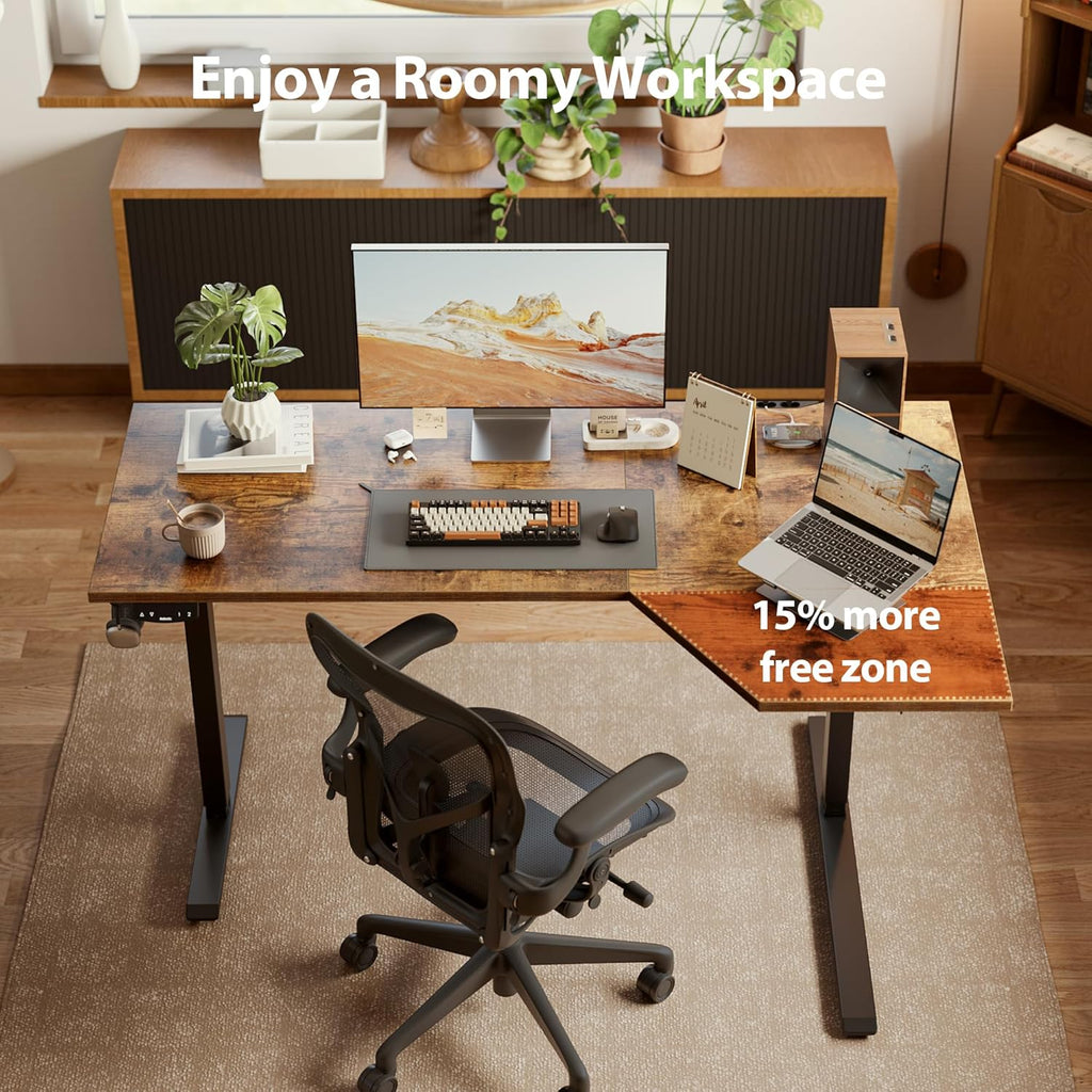 59 x 35 Inch Corner L Shaped Electric Standing Desk, Rustic Brown | Electric Height Adjustable, L-shape Workspace